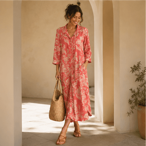 Coral Floral Satin Shirt Dress