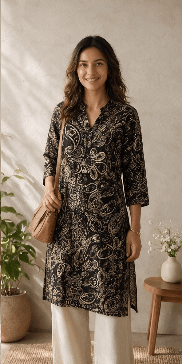 Mamoose Black & Gold Paisley Print Kurta