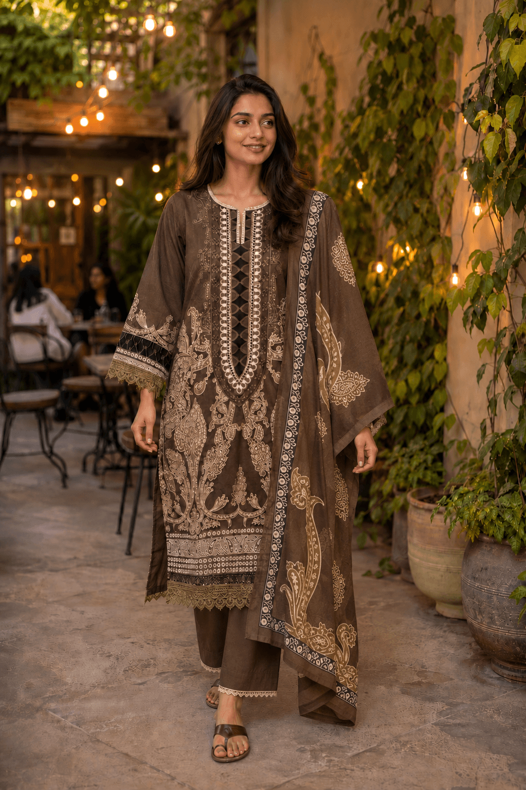 Olive Brown Paisley Mul Cotton Suit | 3-Piece