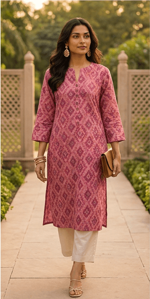 Pink Geometric Ikat Print Kurta