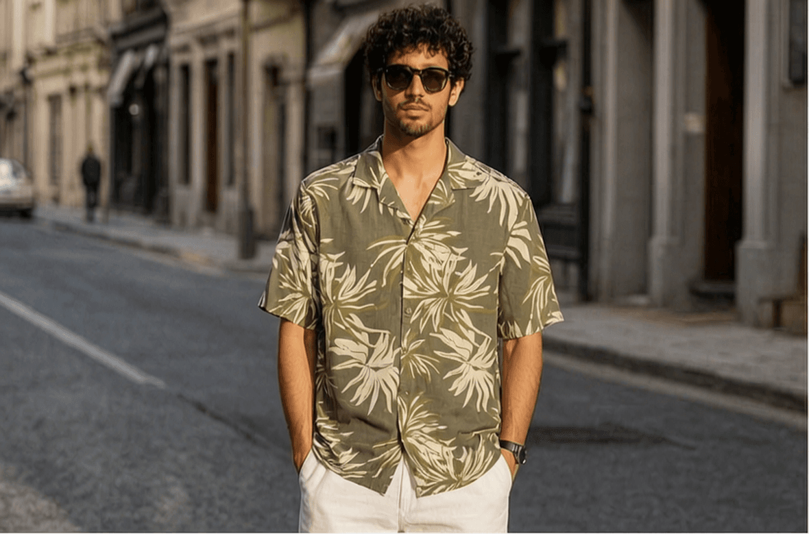 People Tropical Olive Palm Print Resort Shirt
