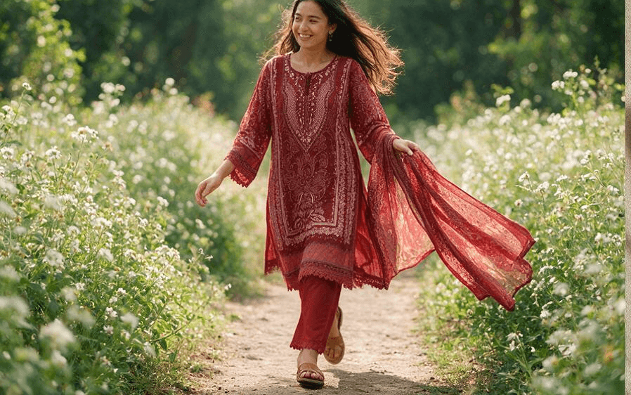 Rust Orange Bandhani Print Mul Cotton Suit | 3-Piece
